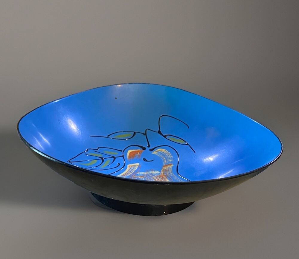 DAVAR Original Japan Blue Oblong Lacquered Bowl With Hand Painted Pear 8"x3"